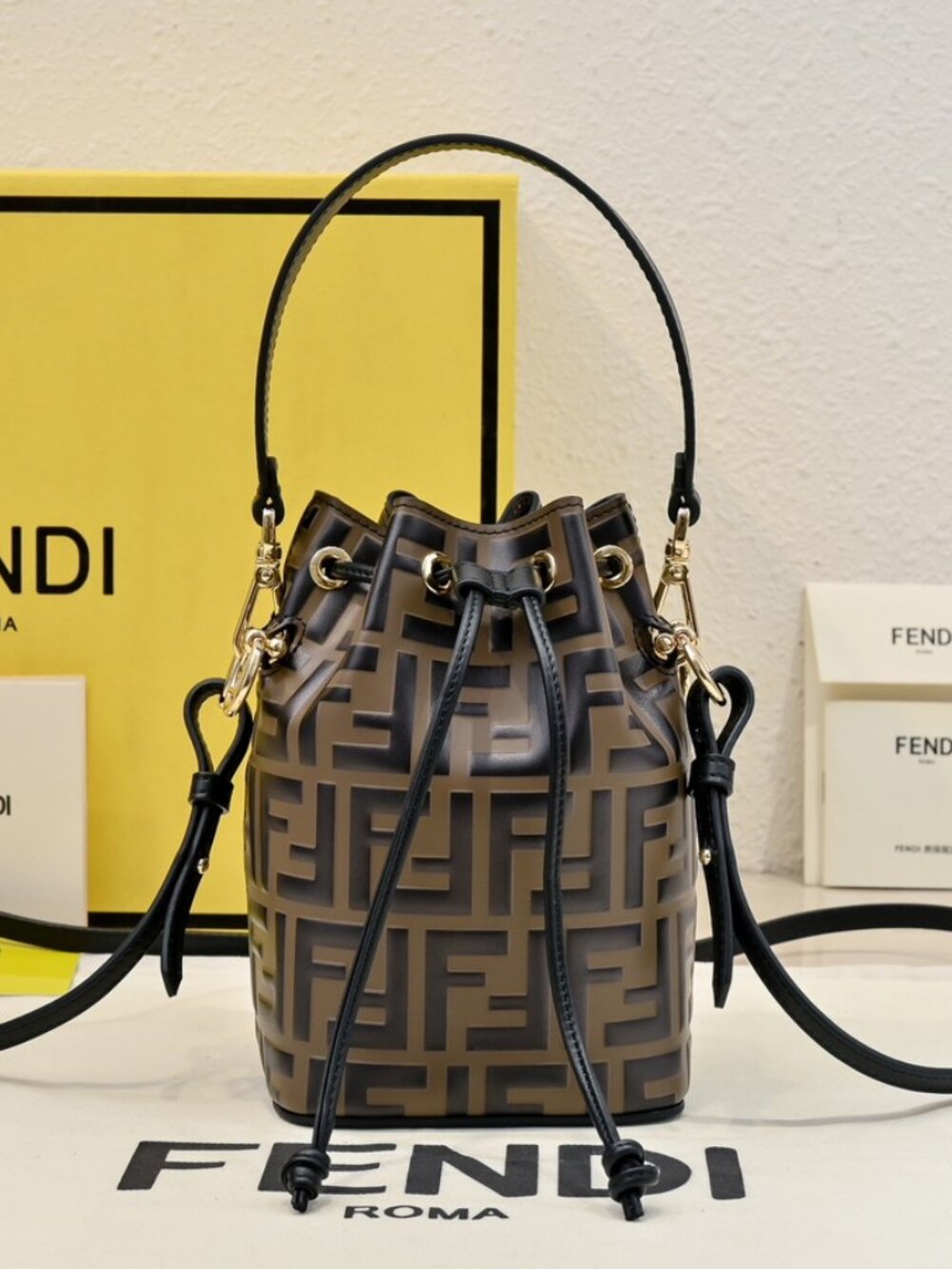 Fendi Mon Tresor Mini Bucket Bag in Brown FF Embossed Leather